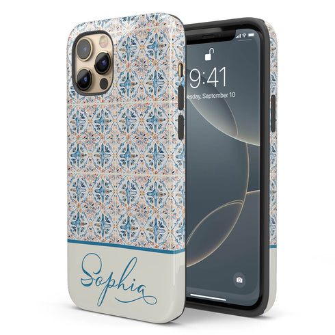 Custom Name Blue Mediterranean Tiles iPhone Case